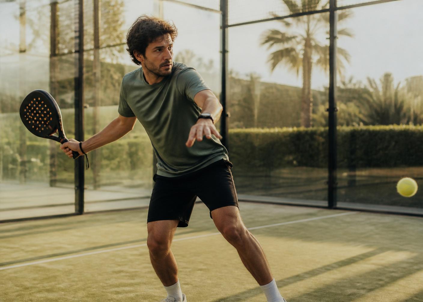 An adult playing padel on an outdoor court in late afternoon light