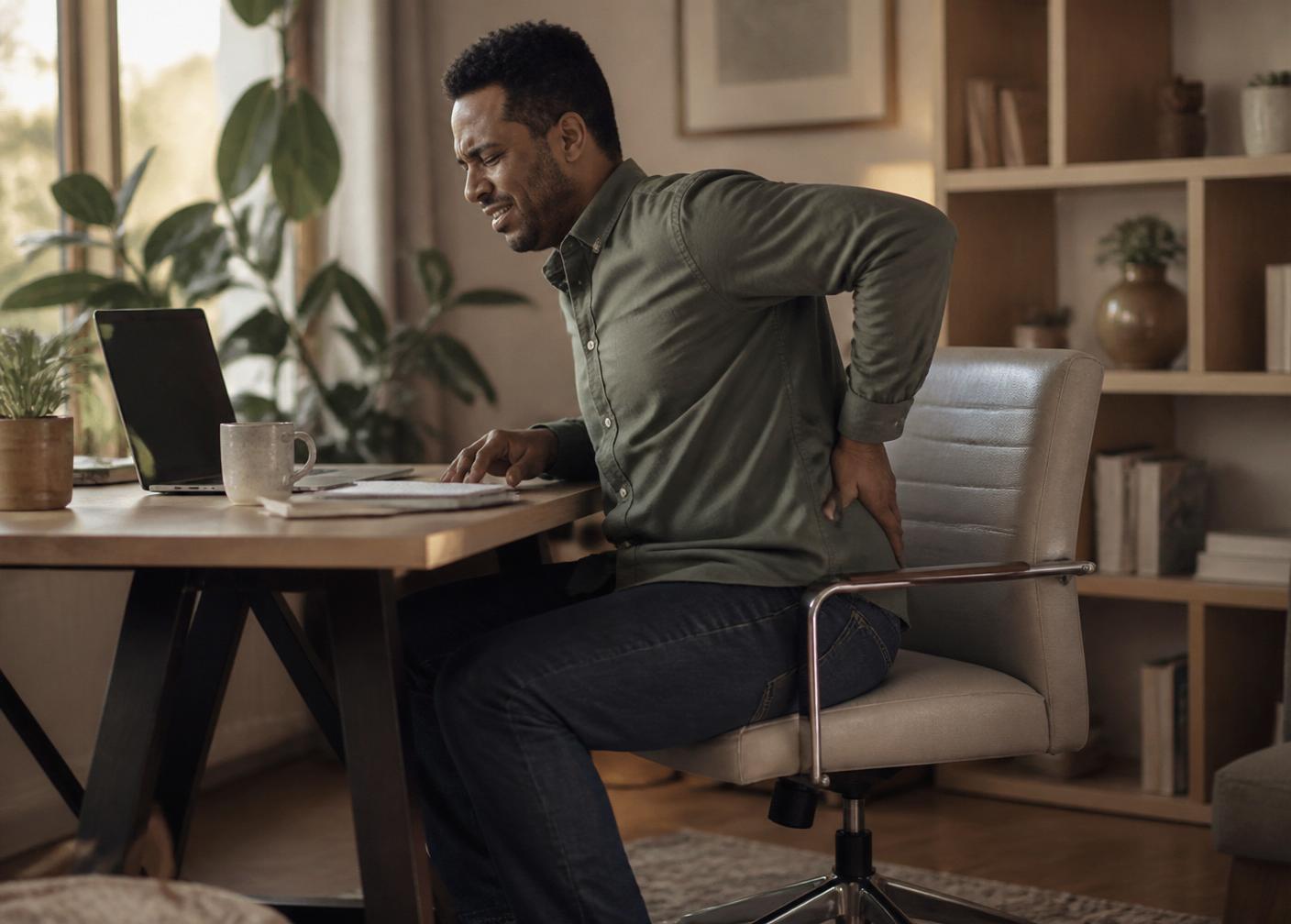 A man shifting uncomfortably in a desk chair at home
